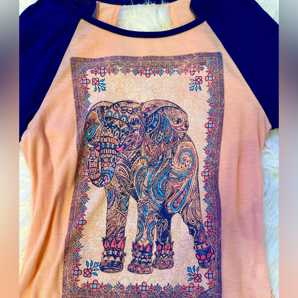 Boho Elephant Graphic Raglan Top - Pink and Navy